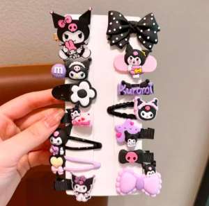Kuromi 14PCS Hair Clip Set Lovely Bangs Side Clips for Kids Girls Cartoon Hairclips with Bow Designs