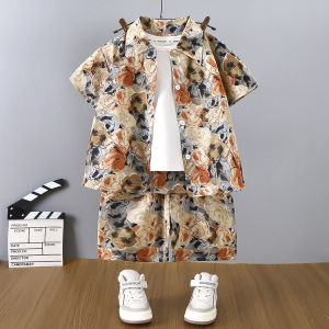 Childrens short-sleeved shorts suits for boys and girls casual clothes for kids vacation print suits for babies new style shirt suits