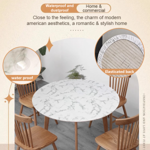 Marble Pattern Round Dustproof Waterproof Elastic Dining Table Cover for All Seasons Home Living Kitchen Oilproof Waterresistant