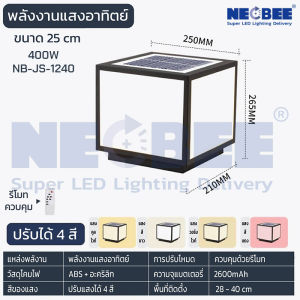 จัดส่งในไทย โคมไฟหัวเสา ไฟโซล่าเซลล์ ทรงเหลี่ยม ปรับได้ 4 สี ไฟLED ไฟสวน การควบคุมแสงอัจฉริยะ