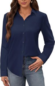 siliteelon  Womens Stain-Resistant Dress Shirt Wrinkle-Free Long Sleeve Shirt Solid Color Work Business Button Shirt