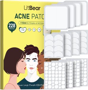 LitBear Pimple Patches for Face Large Acne Patch XL Hydrocolloid BandagesZit Stickers for Forehead Chin Nose Body Back and Chest (5 Sizes 228 Pimple Patches)