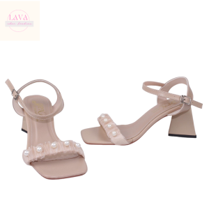 Giày sandal nữ cao gót tam giác 6.5cm quai dún ren kết châu - SD101