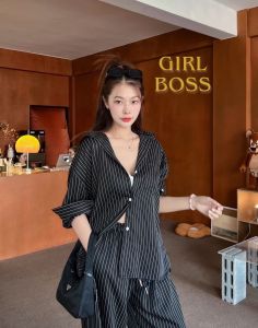 Girl boss set- ชุดเซ็ท 2 ชิ้น ขาวยาวแขนยาวลายทาง เซ็ทแขนยาวผ้าลายทางน่ารักๆ เกาหลี สาวอวบใส่ได้ ป้าย Sheeny.