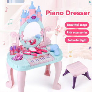 FLIPPED Pretend Play Vanity Beauty Dresser Table and Chair Makeup Kit Dressing Table with Electric Toy Piano Lights Sounds Chair Fashion & Makeup Accessories for Kids Toys Gift for 2+ years Kids Girls Birthday Gift Set