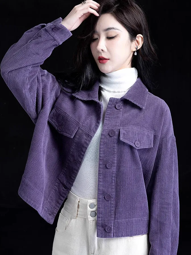 ins Plus size Purple corduroy long sleeve jacket for women girls Korean  style coat