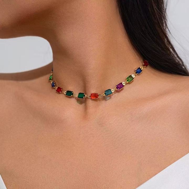 Women Square Crystal Colorful Diamond Necklace High Level