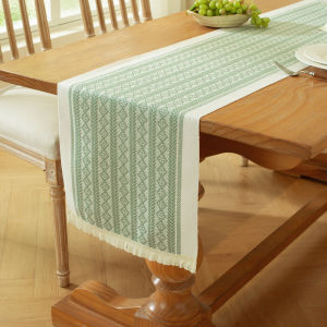 Nordic table flag cotton and linen jacquard table runner green geometric fabric thickened handmade tassel tablecloth chest TV cabinet long towel
