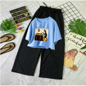 Baju 1 Stel Wanita Remaja Atasan Crop Big Size Dan Celana Warna Pastel Motif Kucing Chess