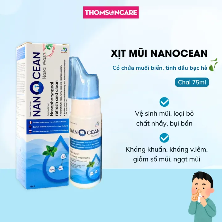 Xịt mũi Nano bạc, Nanocean - Giúp vệ sinh, làm sạch mũi, giảm ngạt mũi từ tinh dầu bạc hà - Chai 75ml người lớn