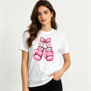 [Local Stock] HBESTY  Pink Boxing Bow Gloves Cancer Awareness Graphic Women Summer Cotton T Shirt Breast Cancer Warrior Cute Short Sleeve Apparel
