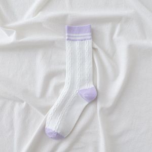 clu Women Purple Retro Cotton Socks Simple Lattice Striped Socks Student Sweet Socks Japanese Style Medium Tube Socks ulc