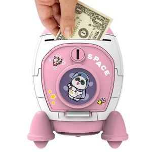 QINGXIP ล็อกรหัสผ่าน กระปุกออมสินรูปจรวด กล่องใส่เงิน ลายนิ้วมือลายนิ้วมือ ตู้เซฟธนาคารอิเล็กทรอนิกส์ กล่องเงินรหัสผ่าน กล่องนิรภัยสำหรับใส่ของ กล่องเงินเด็ก ของตกแต่งบ้าน