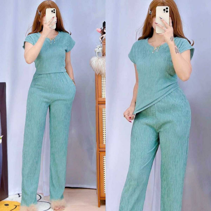 D&C Plain Basic Round Neck Top Continues Terno Pants Coords Set Trendy Women Casual