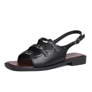 YOTO Vintage Buckle Wedge Sandals For Women Three Adjustable Straps Square Toe Platform Slippers