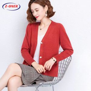 Z-ONER Red New Year Knitted Sweater Cardigan Korean V-neck Cardigan Coat Short Winter Thick Sweater