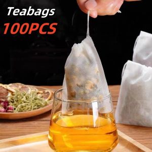 100Pcs Disposable Teabags Non-Woven Fabric Tea Filter Bag for Spice Tea Infuser with Draw String Filter Paper for Herb Loose Tea