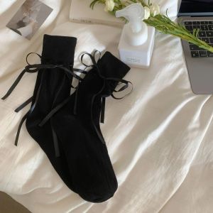 4Pairs Y2K Ballet Style Ribbon Bow Bandage Stockings Lace Stripe Balletcore Calf Socks Lolita Hollow Out Harajuku Lace Mesh Sock