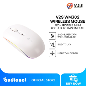 V2S WM302 Rechargable Wireless 2-in-1 USB Receiver And Bluetooth Mouse | Silent Click | Ultra-Thin D