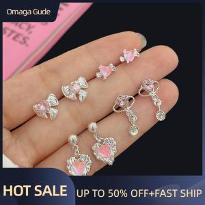 Omaga 1Set Korea Cute Pink Heart Little Stud Earrings Sweet Cool Love Zircon Ear Studs Aesthetic Earrings Girl Jewelry Gift