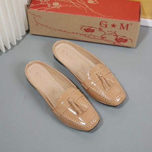 [FA]  Korean  fashion glossy leather Square Toe Flat Half Shoes Mules women sandals.