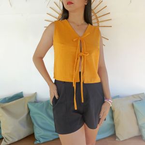SUMMER TOPS TIE VEST COTTON LINEN DOUBLE LINING COQUETTE FOR WOMEN