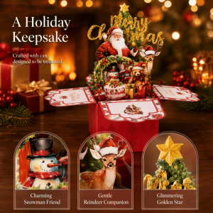 SHIHENG Cartoon Pattern Christmas Greeting Card 4-Layer Multicolor 3D Pop Up Card Vintage Red Paper Holiday Postcard Festive