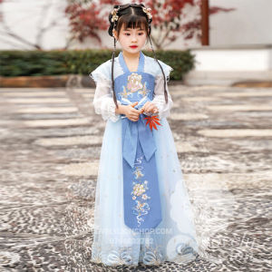 Bộ váy công chúa thêu hoa màu xanh cho bé gái