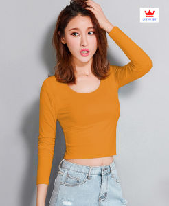 [ Xả Kho ] Áo Thun Croptop Cổ Tròn Dài Tay Dáng Ôm Body Vải Co Giãn Màu Trơn Basic Trẻ Trung