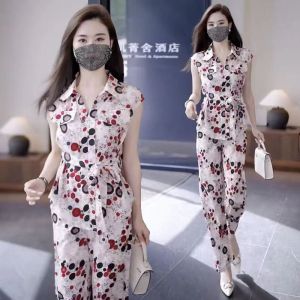 Casual Elegant Silk Satin Wide Leg Pants Suit Trousers Summer Sleeveless temperament Loose Fashion Age reduction Female suit