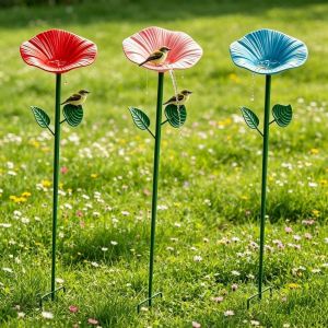 WARM HOUSEWORK Creative Flower Shaped Bird Bath Insect Drinking Iron Butterfly Bee Water Station Bird Bathtub Garden Decor Bird Feeding Dish Courtyard