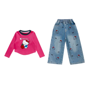 Christmas gifts Halloween Kawaii Girls Hello Kitty Spring Autumn Jeans Sanrio New Childrens Anime Cartoon Fashion Long Sleeve T-Shirt Sweet Comfort Set