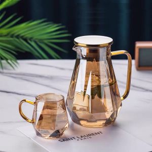 【Gods House】  Luxury Nordic Diamond Glass Pitcher with 4 Cups High Heat & Cold Resistant Tea Cup Kettle Set Juice Water Amber Glassware Drinkware