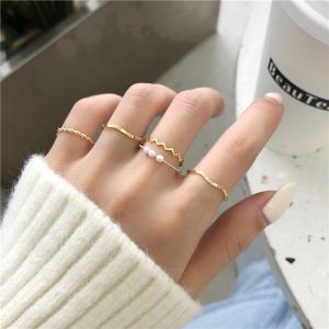5Psc/Set Japanese Korea Ins Simple Crystal Wave Gold Ring Set Women Accessories Ins