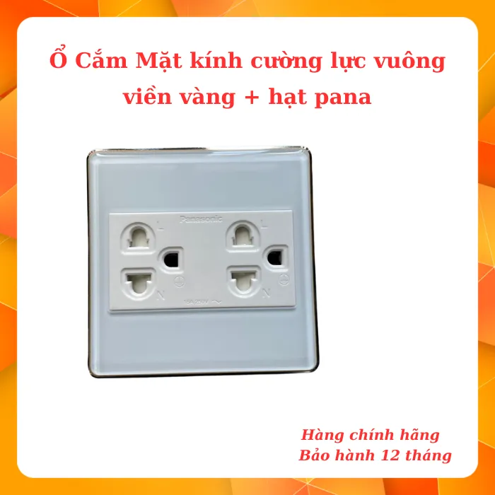 Ổ Cắm Mặt kính cường lực vuông viền vàng + hạt pana