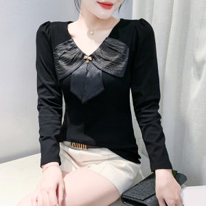 YIMEI เสื้อยืดคอวีแขนยาวสำหรับผู้หญิงเสื้อสีพื้นเสื้อเข้ารูปผ้าฝ้ายสีแดงดีไซน์ใหม่2024ฤดูใบไม้ร่วงและฤดูหนาว