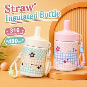 DIVATEN 316 Stainless Steel Straw Insulated Bottle 480ml Leak Proof Cartoon Vacuum Mug Fashion Handle Rope Portable Travel Tumbler CommutingOutdoor