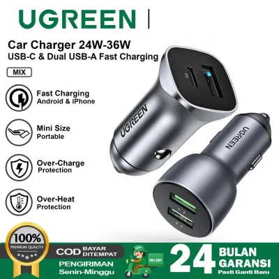 Car Charger UGREEN Charger Mobil Dual Port USB A + USB C Fast Charging 24w 36w