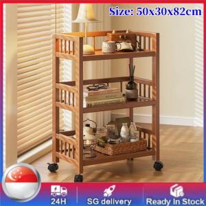 Bamboo Trolley Rack / Kitchen Shelf Movable Storage Cart Organizer Organization Tray with 360 Degrees Flexible Wheels and Handle
