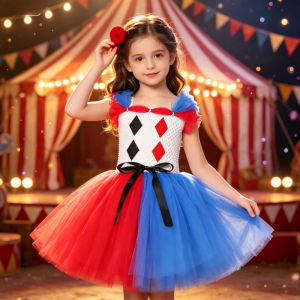 11.11 Playful Color Block Jester Voluminous Tutu Dress Little Girls Carnival Theme Outfit with Full Accessories for School Festival h2610