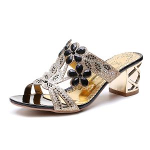 [Free Shipping] Womens Summer New Style Chunky Heel Open-Toe Sandals with Hollow Design and Rhinestones for Outdoor Wear