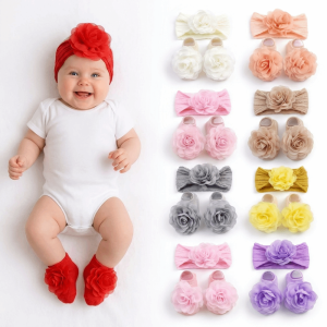 CANICECA Big Flower Baby Headband Socks Set Elastic Soft Cotton Hat Sock Set Cute Lightweight Infant Turban Hat Socks Set 0-1 Years Old
