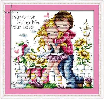 Thanks For Giving Me Your Love Figure Cross Stitch Complete Set With Pattern Printed Unprinted Aida Fabric Canvas 11CT 14CT Stamped Counted Cloth With Materials DIY Needlework Handmade Embroidery Home Room Wall Decor Sewing Kit