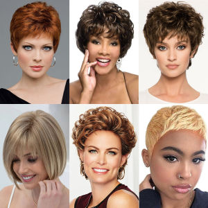 Amazon European and American wigs women fashion fluffy slanted bangs short curly hair chemical fiber wig full head cover wig