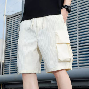 กางเกงขาสั้นลำลองผู้ชายชุดทำงานฤดูร้อนกระเป๋าขนาดใหญ่กางเกงห้าจุดแฟชั่นหลวมกางเกงผ้าไหมน้ำแข็งบางของผู้ชาย