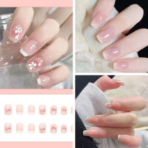 24Pcs Trends Fake Nails Press on Nails French Fashion Long Fake Nails Set with Glue