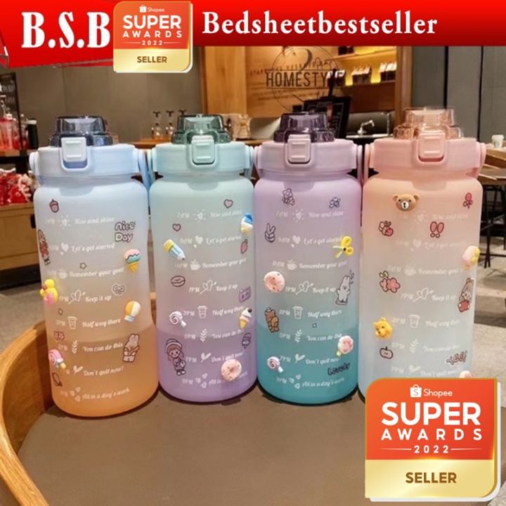 2000ml Water Bottle with Straw Cute Portable Scale Bottle for - Main Image