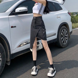 Gaun Denim Terpecah Pinggir Mentah Tidak Biasa Gaun A-baris Panjang