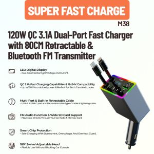 M38 120W Pengecas Kereta Bluetooth FM Transmitter | Universal Car Charger QC3.0 USB Port MP3 Player Built-in Cable 80CM