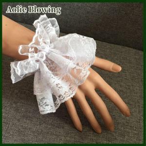 Aolie Lolita Hand Sleeve Wrist Cuffs Ruffled Floral Black Lace Elastic Bracelet Elegant Ladies Short Lace Gloves Halloween